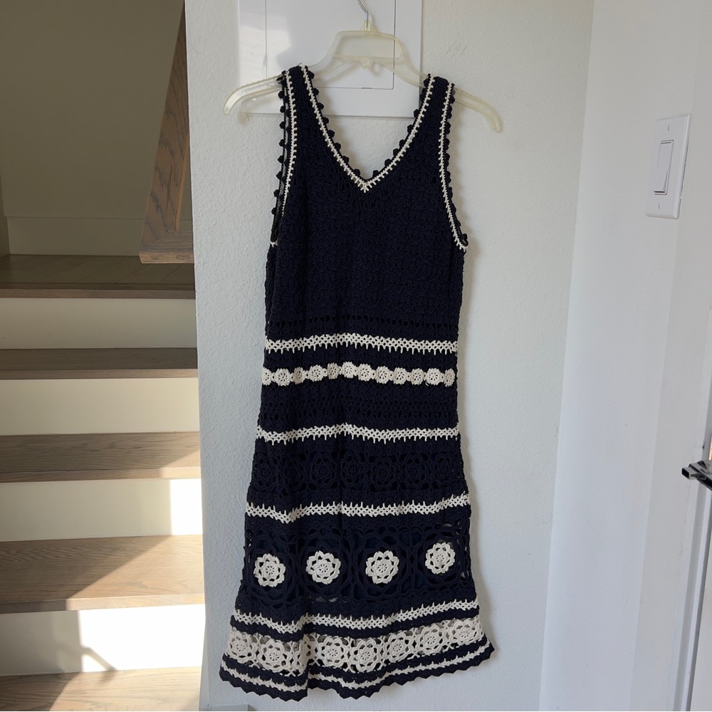 TORY BURCH Navy Blue White Cotton Sleeveless Crochet Floral Mini Dress